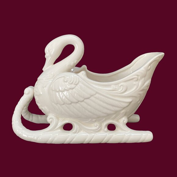 Vintage Ivory Ceramic Swan Sled Bowl: Christmas Decor - Picture 2 of 9